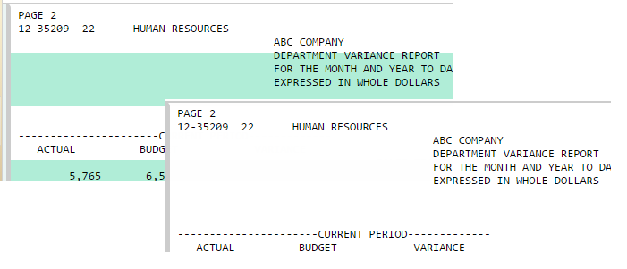 Screenshot showing a PageMart document with and without the greenbar background